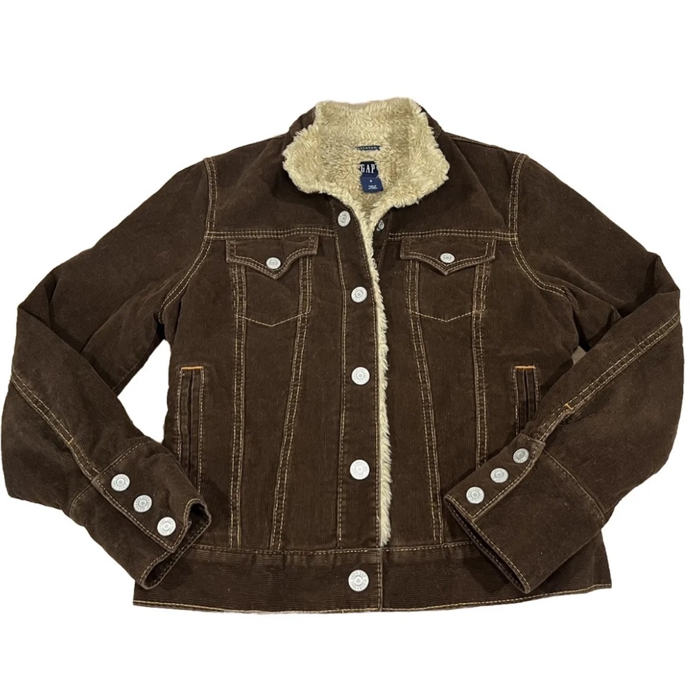 GAP Button Down Stretch Sherpa Lined Brown Corduroy Y2K Jacket Women's Size S